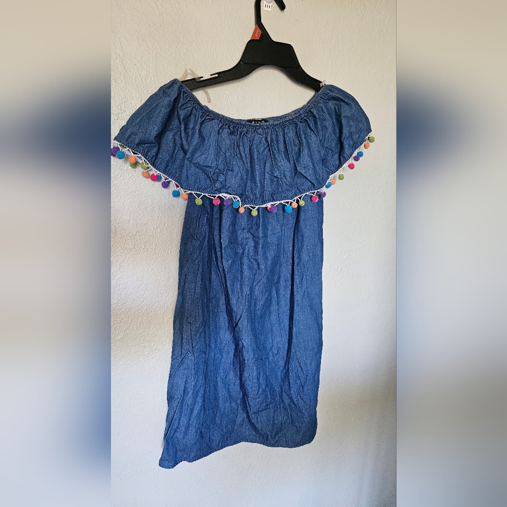 BLVD Blue Strapless Dress with Colorful Pom Poms